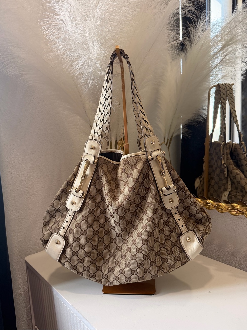 Gucci Beige GG Canvas Shoulder Satchel with Braided Straps